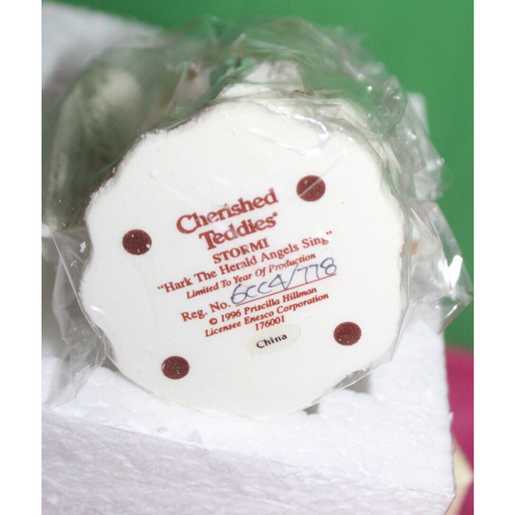 Enesco Cherished Teddies Figurine Stormi Hark The Herald Angels Sing 1996 In Box - Picture 14 of 14